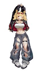 1girl ;p absurdres alternate_costume arms_up aviator_sunglasses baggy_pants breasts burnice_white cleavage commentary denim eyewear_on_head full_body highres jacket jeans large_breasts looking_at_viewer navel one_eye_closed pants ppangchil red-tinted_eyewear shoes simple_background smile solo standing sunglasses thighs tinted_eyewear tongue tongue_out torn_clothes torn_jeans torn_pants white_background white_shoes zenless_zone_zero