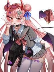 1girl absurdres bandaid_on_thigh black_bag black_choker black_sailor_collar black_serafuku black_skirt blue_ribbon blush bow bow_legwear choker collared_shirt commentary cross cross_choker demon_girl demon_horns demon_tail demon_wings double_bun fingernails garter_straps hair_bun hair_ornament hair_ribbon hairclip heart heart_in_eye highres horns hsxxx long_hair long_sleeves looking_at_viewer nail_polish open_mouth original pink_bow pink_hair pink_ribbon pleated_skirt purple_nails red_eyes ribbon sailor_collar school_uniform serafuku shirt simple_background skirt smile solo symbol-only_commentary symbol_in_eye tail tail_ornament tail_ribbon thighhighs thighs v white_background white_garter_straps white_shirt white_thighhighs wings