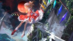 Rule 34 | 1girl, blonde hair, building, dress, dutch angle, flandre scarlet, moon, plant, red dress, red eyes, red moon, shikina (mochigushi ), solo, touhou, tower, vines, wings