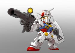 Rule 34 | absurdres, aiming, arm shield, beam rifle, chibi, chinese commentary, commentary request, energy gun, foreshortening, full body, glowing, glowing eyes, gradient background, gun, gundam, highres, holding, holding gun, holding weapon, making-of available, mecha, mecha focus, mobile suit, mobile suit gundam, no humans, robot, rx-78-2 gundam, science fiction, sd gundam, shield, solo, standing, thrusters, v-fin, weapon, yellow eyes, zakuma