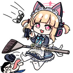 Rule 34 | 1boy, 1girl, :3, :d, ^ ^, absurdres, animal ear headphones, animal ears, apron, aqua bow, aqua bowtie, artist name, back bow, black dress, black hair, black shoes, blonde hair, blue archive, blue necktie, bow, bowtie, broom, cat ear headphones, cat ears, chibi, chinese commentary, closed eyes, collared dress, commentary request, contrast collar, controller, doodle sensei (blue archive), dress, fake animal ears, frilled apron, frilled dress, frills, full body, game controller, hair bow, halo, hand up, headphones, heart, heart in mouth, highres, holding, holding broom, holding shoes, holding unworn clothes, long sleeves, maid, maid apron, maid headdress, merchandise available, momoi (blue archive), momoi (maid) (blue archive), motion lines, necktie, no shoes, number print, official alternate costume, official alternate hairstyle, open mouth, pantyhose, pink eyes, pink halo, playstation controller, puffy long sleeves, puffy sleeves, red bow, sensei (blue archive), shoes, short hair, short twintails, sidelocks, sitting, smile, soles, solo focus, tongue, tongue out, twintails, unworn shoes, virtual pet (toy), watermark, white apron, white bow, white headdress, white pantyhose, yimaxue