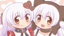 2girls :d bad_id bad_twitter_id blush braid candy chocolate chocolate_heart dual_persona food hat heart long_hair looking_at_viewer magia_record:_mahou_shoujo_madoka_magica_gaiden magical_girl mahou_shoujo_madoka_magica momoe_nagisa momoe_nagisa_(magical_girl) momoe_nagisa_(valentine_ver.) multiple_girls open_mouth polka_dot polka_dot_background reverse_(bluefencer) smile suspenders tongue tongue_out two_side_up valentine white_hair