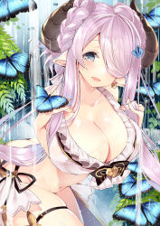 1girl 218 :d animal arched_back bikini bikini_top_only blush braid breasts bug butt_crack butterfly butterfly_earrings cleavage collarbone commentary_request curled_horns draph earrings female_focus fingernails frilled_bikini frilled_bikini_top frills granblue_fantasy grey_eyes hair_ornament hair_over_one_eye hands_up horns insect jewelry large_breasts leaning_forward narmaya_(granblue_fantasy) narmaya_(summer)_(granblue_fantasy) navel open_mouth pointy_ears purple_hair side-tie_bikini_bottom skindentation smile solo swimsuit thigh_strap water white_bikini