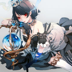 1girl alice_(sinoalice) black_gloves black_hair blue_gloves bracelet choker closed_mouth dress gloves grey_background jewelry lipstick makeup orb red_eyes ribbon senryoko short_hair sinoalice solo striped_clothes striped_thighhighs tattoo thighhighs tiara zettai_ryouiki