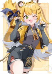 1girl absurdres animal_ear_fluff animal_ears blonde_hair blush colored_inner_hair elegant_(sumisumi4268) fingerless_gloves gloves green_eyes high-waist_shorts highres jacket ju_fufu long_hair looking_at_viewer multicolored_hair one_eye_closed open_mouth shirt shorts smile solo striped_hair tail tail_ornament thigh_strap tiger_ears tiger_girl tiger_tail yellow_jacket zenless_zone_zero