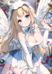 1girl angel angel_wings asymmetrical_legwear between_legs blonde_hair blue_dress blue_eyes blue_ribbon blurry blurry_background blush box breasts christmas christmas_tree cleavage cleavage_cutout clothing_cutout commentary cowboy_shot detached_sleeves dress feathered_wings fingernails floating_hair frilled_dress frills fur-trimmed_sleeves fur_trim gift gift_box halo hand_between_legs hand_up head_tilt headscarf highres holding holding_instrument holding_trumpet indoors instrument irori large_breasts leg_ribbon long_hair long_sleeves looking_at_viewer melonbooks mismatched_legwear original parted_lips pointy_ears ribbon sidelocks sitting sleeveless sleeveless_dress solo sparkle tareme thigh_ribbon thighhighs trumpet very_long_hair white_headscarf white_sleeves white_thighhighs white_wings wings yellow_halo zettai_ryouiki