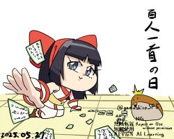 1girl ainu_clothes arm_support artist_name black_hair card chibi dated fingerless_gloves gloves grey_eyes hair_ribbon highres japanese_text kneeling legs long_hair looking_at_viewer mamahaha nakoruru outstretched_arm pants ribbon samurai_spirits smile snk the_king_of_fighters thighs translation_request