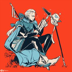 Rule 34 | 1boy, armor, artist name, black pants, blue cape, cape, creature, crossed ankles, edgar roni figaro, final fantasy, final fantasy vi, full body, hair ribbon, holding, holding polearm, holding weapon, lance, limited palette, looking at creature, male focus, moogle, multi-tied hair, pants, pauldrons, polearm, polishing, ponytail, red background, ribbon, sash, shoes, shoulder armor, sitting, sparkle, trident, waist sash, weapon, white shoes, yukataro