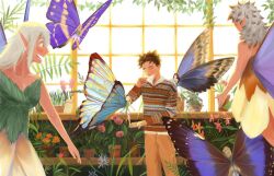 1boy 6+girls ^_^ bare_arms blonde_hair blue_flower blue_wings breasts brown_hair brown_pants brown_shirt butterfly_wings cleavage closed_eyes collarbone collared_shirt commentary day english_commentary fairy feet_out_of_frame fingernails flower flower_request flower_skirt green_shirt greenhouse grey_hair grin hand_on_own_chest indoors insect_wings kuwagatata large_breasts leaf leaf_shirt light_blush long_hair long_sleeves looking_at_another low_twintails messy_hair mini_person minigirl miniskirt multiple_girls open_mouth orange_flower original outstretched_hand pants pink_flower plant pointy_ears potted_plant purple_wings red_sweater shirt short_hair skirt sleeveless sleeveless_shirt smile standing_on_another&#039;s_hand straight_hair striped_clothes striped_sweater sweater teeth twintails white_hair white_shirt white_skirt window wings