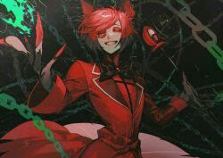 Rule 34 | 1boy, absurdres, alastor (hazbin hotel), albino (a1b1n0623), antlers, deer antlers, deer boy, demon boy, evil grin, evil smile, formal clothes, grin, hazbin hotel, highres, horns, looking at viewer, male focus, monocle, red hair, red suit, sharp teeth, smile, solo, suit, teeth
