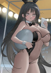 1girl animal_ears bare_arms bare_shoulders black_bow black_bowtie black_hair black_hairband blush bow bowtie breasts commission detached_collar fake_animal_ears grey_eyes hair_ornament hairband highres holding holding_tray large_breasts leotard looking_at_viewer myao_(o3o333) navel night original outdoors parted_lips playboy_bunny rabbit_ears see-through_clothes see-through_leotard solo thighs tray wrist_cuffs