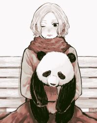 Rule 34 | 1boy, animal, animal hug, bags under eyes, blush, dungeon meshi, elf, highres, holding, holding animal, lazy eye, male focus, mithrun, notched ear, panda, pointy ears, r06ku, scarf, sepia, shirt, short hair, solo, uneven eyes, wavy hair