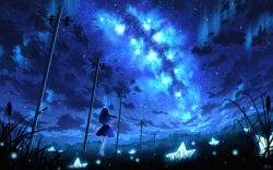 1girl arm_at_side artist_name aurora black_shoes blue_hair blue_skirt blue_theme blurry blurry_foreground bow_(music) chinese_commentary cloud commentary_request depth_of_field diffraction_spikes forest from_behind grass hand_up highres hkcutie holding holding_bow_(music) holding_instrument holding_violin instrument long_hair milky_way nature night night_sky original outdoors pleated_skirt power_lines scenery shirt shoes short_sleeves signature skirt sky sky_focus socks solo star_(sky) star_(symbol) starry_sky straight_hair tree utility_pole violin walking white_shirt white_socks wide_shot