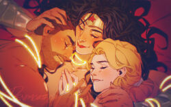 1boy 2girls bisexual_female black_hair blonde_hair bracer brown_hair character_request dc_comics denimcatfish facial_hair jewelry lasso_of_truth long_hair multiple_girls smile star_(symbol) superhero_costume thick_eyebrows wonder_girl wonder_woman