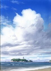 absurdres beach blue_sky cloud cloudy_sky cumulonimbus_cloud day enoshima highres island masuyama_osamu ocean original painting_(medium) scenery shore sky tower traditional_media water watercolor_(medium)