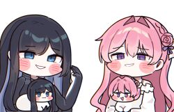 2girls bare_shoulders black_bodysuit black_hair blue_eyes blush_stickers bodysuit commentary creature crossover doro_(nikke) dorothy_(nikke) dress flower-shaped_hair frilled_dress frills goddess_of_victory:_nikke hair_between_eyes hair_bun hair_intakes hand_up highres holding holding_creature long_hair mming_(mmingis18) mole mole_under_eye multiple_girls parted_lips pink_hair purple_eyes purple_ribbon raven_(stellar_blade) ribbon shift_up sidelocks simple_background single_side_bun smirk stellar_blade swept_bangs trait_connection very_long_hair white_background white_dress