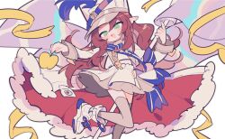 1girl apple arknights blue_sash blush_stickers cape commentary_request flag food foot_out_of_frame fruit fur-trimmed_cape fur_trim golden_apple green_eyes grey_hair hat highres holding holding_flag holding_food holding_fruit long_hair long_sleeves looking_at_viewer myrtle_(arknights) myrtle_(light_gold_celebration)_(arknights) open_mouth pointy_ears red_cape red_hair ribbon sash shako_cap shirt simple_background skirt smile solo standing standing_on_one_leg thighhighs two-sided_cape two-sided_fabric wavy_hair white_background white_cape white_hat white_shirt white_skirt white_sneakers yellow_ribbon ym_dpl