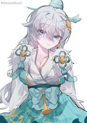 1girl alternate_breast_size aqua_eyes aqua_skirt artist_name breasts chinese_clothes cleavage closed_mouth dduehddueh earrings hair_ornament highres honkai_(series) honkai_impact_3rd jewelry long_hair looking_at_viewer medium_breasts simple_background single_earring skirt smile solo theresa_apocalypse white_background white_hair zhuge_kongming_(honkai_impact)