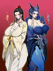 2girls b.sa_(bbbs) bad_tag black_hair blue_eyes blue_hair blush breasts cleavage collarbone dress eyeshadow gradient_background hair_ornament highres horns huge_breasts jewelry long_hair looking_at_viewer makeup monster_girl multiple_girls necklace original pointy_ears red_background robe scales wide_sleeves yellow_eyes