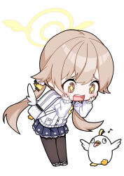 +_+ 1girl absurdres alfie_(tmdals7645) black_pantyhose blue_archive blue_skirt brown_eyes brown_hair cardigan character_backpack chibi chibi_only furrowed_brow hair_between_eyes hair_ornament halo hands_on_own_cheeks hands_on_own_face hashtag-only_commentary hifumi_(blue_archive) highres long_hair looking_at_animal low_twintails open_mouth pantyhose peroro_(blue_archive) pleated_skirt shoes skirt tareme teeth tongue tongue_out twintails upper_teeth_only very_long_hair white_background white_bag white_cardigan white_shoes wing_hair_ornament yellow_halo