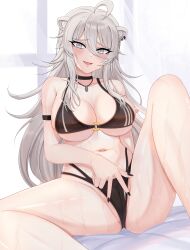 Rule 34 | 1girl, absurdres, ahoge, animal ears, arm strap, bikini, black bikini, black choker, black nails, blush, breasts, cameltoe, choker, grey eyes, grey hair, highres, hololive, jewelry, kuroyamii, large breasts, long hair, looking at viewer, nail polish, navel, necklace, shishiro botan, solo, swimsuit, virtual youtuber