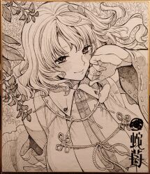 1girl absurdres animal animal_on_shoulder bare_shoulders blush branch breasts buttons collared_shirt detached_sleeves flower_knot forked_tongue frog frog_hair_ornament hair_ornament hand_on_own_face highres japanese_clothes jewelry kochiya_sanae large_breasts leaf long_hair long_sleeves looking_at_viewer miko necklace nontraditional_miko rope shirt slit_pupils smile snake snake_hair_ornament tongue tongue_out touhou vest whoru wide_sleeves zipper zipper_pull_tab