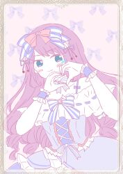 1girl artist_name assault_lily bare_shoulders blue_bow blue_bowtie blue_dress blue_eyes blue_ribbon border bow bow_background bowtie closed_mouth collar commentary_request cross-laced_clothes cross-laced_dress dress dress_bow fumi_(fumifumi3axl) hair_bow hair_ribbon hands_up heart heart_hands highres lolita_fashion looking_at_viewer off-shoulder_dress off_shoulder official_alternate_costume official_alternate_hairstyle ornate_border pink_background pink_bow ribbon ribbon-trimmed_dress ribbon_trim sadamori_himeka short_sleeves smile solo standing striped_bow striped_bowtie striped_clothes striped_ribbon upper_body white_collar wrist_cuffs