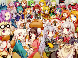 Rule 34 | 6+boys, 6+girls, ahoge, alcohol, animal ear fluff, animal ears, apron, black gloves, black hair, black headwear, black wings, blazer, blonde hair, blue eyes, blue hair, blue robe, blush, bonnet, bottle, bow, bowtie, breasts, brown cloak, brown eyes, brown gloves, brown hair, brown horns, bun cover, burger, cat ears, center frills, champagne, chicken (food), chicken leg, cigar, cleavage, cloak, closed mouth, colored skin, commentary request, cup, double bun, drinking glass, eating, expressionless, feet out of frame, fingerless gloves, flat chest, food, frilled apron, frilled sleeves, frills, glass, glasses, gloves, green eyes, green hair, green shirt, grey hair, grin, hair bun, hair over one eye, hat, hat bow, high ponytail, highres, holding, holding cup, hood, hood up, horns, jacket, long hair, looking at viewer, maid, mask, medium breasts, medium hair, messy hair, midriff, military hat, mouth mask, multiple boys, multiple girls, navel, necktie, ninja mask, no nose, one eye closed, opaque glasses, open mouth, parted bangs, pink eyes, pink hood, pixiv fantasia, pixiv fantasia new world, pizza, plate, pointy ears, ponytail, puffy short sleeves, puffy sleeves, purple eyes, purple hair, purple skin, red bow, red bowtie, red eyes, red jacket, red necktie, red scarf, robe, round eyewear, scarf, shiosumi aya, shirt, shish kebab, short hair, short sleeves, smile, smoking, table, toasting (gesture), waist apron, white apron, white bow, white hair, white headwear, white shirt, wine, wine bottle, wine glass, wings