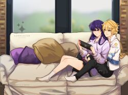 Rule 34 | 1boy, 1girl, aether (genshin impact), arms around waist, black pants, blonde hair, commission, contemporary, couch, couple, full body, genshin impact, grin, hetero, highres, hood, hoodie, nintendo switch, on couch, pants, purple hair, purple hoodie, raiden shogun, sierra117renner, sitting, smile, white hoodie