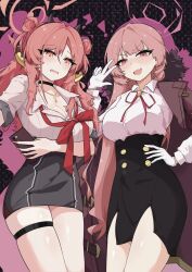 2girls absurdres arm_under_breasts aru_(blue_archive) aru_(blue_archive)_(cosplay) black_choker black_skirt blue_archive breasts cellphone choker cleavage coat coat_on_shoulders collared_shirt commentary cosplay costume_switch double_bun fang gloves gyaru hair_bun halo hand_on_own_hip high-waist_skirt highres holding holding_phone horns kirara_(blue_archive) kirara_(blue_archive)_(cosplay) large_breasts long_hair long_sleeves looking_at_viewer multiple_girls nakirikea neck_ribbon open_mouth phone pink_eyes pink_hair pink_halo red_ribbon ribbon shirt shirt_tucked_in skin_fang skirt smartphone smile thigh_strap w white_gloves white_shirt