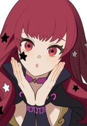 1girl black_cape bodysuit cape choker dr_metagross facial_mark fire_emblem fire_emblem_engage hair_ornament highres long_hair looking_at_viewer nintendo pink_choker purple_bodysuit red_eyes red_hair solo star_(symbol) star_facial_mark star_hair_ornament yunaka_(fire_emblem)