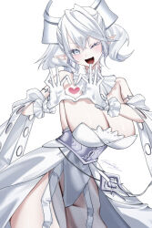 1girl bare_shoulders breasts cleavage cowboy_shot demon_girl demon_horns dress duel_monster earrings grey_eyes grey_hair heart heart_hands highres horns huge_breasts jewelry lovely_labrynth_of_the_silver_castle one_eye_closed pointy_ears sanzakasun simple_background solo strapless strapless_dress white_background white_dress yu-gi-oh!