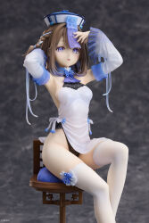 1girl armpits arms_up bare_shoulders blue_eyes braid breasts brown_hair china_dress chinese_clothes designcoco_t detached_sleeves dress figure figure_(medium) hat highres jiangshi jiangshi_costume leotard long_sleeves looking_at_viewer medium_hair ofuda open_mouth original purple_eyes qingdai_guanmao sitting small_breasts solo stool thighhighs white_dress white_thighhighs wide_sleeves