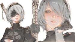 1girl 2b_(nier:automata) black_blindfold black_dress black_gloves black_hairband blindfold bob_cut cleavage_cutout closed_mouth clothing_cutout covered_eyes dress facing_ahead faux_traditional_media gloves grey_eyes grey_hair gusoyugo hair_over_one_eye hairband hand_on_own_chin highres holding holding_sword holding_weapon juliet_sleeves lips long_sleeves looking_at_viewer medium_hair mole mole_under_mouth multiple_views nier:automata nier_(series) painterly parted_bangs parted_lips portrait puffy_sleeves simple_background sword sword_on_back upper_body weapon weapon_on_back white_background
