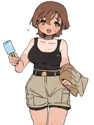 010mzam 1girl belt blush breasts brown_hair captain_(kemono_friends) cleavage food highres jacket kemono_friends kemono_friends_3 large_breasts looking_at_viewer open_mouth popsicle safari_jacket short_hair shorts singlet solo tan