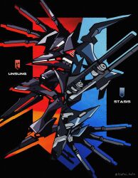 Rule 34 | armor, armored core, armored core: for answer, blue armor, blue eyes, character name, gun, highres, holding, holding gun, holding weapon, humanoid robot, kuroihato, mecha, mecha focus, no humans, red eyes, reverse-jointed legs, robot, science fiction, shoulder cannon, split screen, standing, stasis, unsung, upside-down, weapon