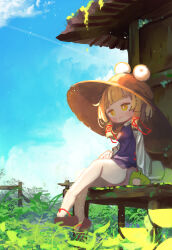 1girl absurdres blonde_hair blue_sky bright_pupils brown_sandals chii_(tsumami_tsumamare) closed_mouth cloud frog full_body highres long_sleeves moriya_suwako outdoors sandals short_hair sidelocks sitting sky solo thighhighs touhou white_pupils white_thighhighs yellow_eyes