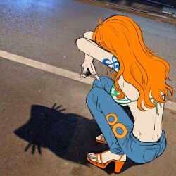 1girl bikini bikini_top_only breasts cat_shadow_puppet denim high_heel_sandals high_heels jeans long_hair meme nami_(one_piece) nami_(one_piece)_(return_to_sabaody) one_piece orange_hair pants sandals shadow shoulder_tattoo sktkah_7326 string_bikini swimsuit tattoo