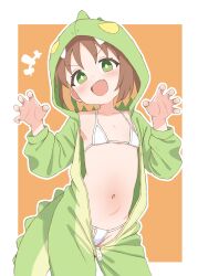 1girl absurdres animal_hood bikini brown_hair claw_pose collarbone colored_inner_hair cosplay cowboy_shot dinosaur_costume dinosaur_tail dot_nose fake_tail fang female_focus flat_chest green_eyes green_onesie hands_up highres hood hood_up hooded_pajamas kigurumi loli long_sleeves medium_hair multicolored_hair navel oka_asahi onesie onii-chan_wa_oshimai! open_clothes open_mouth open_onesie orange_background orange_hair pajamas smile solo standing swimsuit tail tooteki two-tone_background two-tone_hair unzipped white_background white_bikini