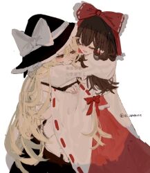a_umanee blonde_hair brown_hair closed_eyes comforting detached_sleeves hair_ribbon hakurei_reimu hat hug kirisame_marisa red_ribbon ribbon touhou twitter_username watermark white_background wide_sleeves witch_hat