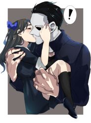 ! 1boy 1girl 1kouj1_yaeko 2019 age_difference blue_bow bow brown_hair carrying carrying_person halloween_(movie) height_difference incest jamie_lloyd kiss loli michael_myers older_man_and_younger_girl size_difference surprised uncle_and_niece white_background white_mask