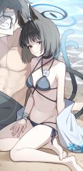 1boy 1girl absurdres animal_ears barefoot bikini black_eyes black_hair blue_archive blue_bikini blue_halo breasts cat_ears cat_girl cat_tail closed_mouth doodle_sensei_(blue_archive) halo highres kikyou_(blue_archive) kikyou_(swimsuit)_(blue_archive) medium_breasts multi-strapped_bikini_bottom multi-strapped_bikini_top multiple_tails navel nekomata official_alternate_costume paper_on_head sensei_(blue_archive) short_hair solo_focus swimsuit tail toes toki_kimagure two_tails