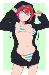 1girl absurdres amate_yuzuriha aqua_bikini aqua_eyes bikini black_hoodie blush border breasts closed_mouth commentary_request gundam gundam_gquuuuuux hair_between_eyes halterneck highres hood hoodie long_sleeves looking_at_viewer navel no_pants open_clothes open_hoodie red_hair short_hair small_breasts solo stomach striped_bikini striped_clothes swimsuit temari_rin unzipped white_border zipper_pull_tab