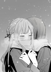 2girls blush braid closed_eyes commentary greyscale half_up_braid highres hug long_hair lwmina70119 miyagi_shiori monochrome multiple_girls scarf sendai_hazuki shared_clothes shared_scarf short_hair shuuniichido_classmate_wo_kau_hanashi snow upper_body winter_clothes yuri