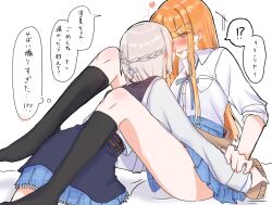 2girls between_legs black_sailor_collar black_socks blue_ribbon blue_skirt blush braid collared_shirt commentary_request ear_blush gakuen_idolmaster green_eyes half_up_braid heart highres idolmaster katsuragi_lilja kneehighs long_hair long_sleeves multiple_girls neck_ribbon open_mouth orange_hair plaid_clothes plaid_skirt pleated_skirt ribbon ribbon_braid rimosuko sailor_collar shirt shiun_sumika simple_background skirt sleeves_rolled_up smile socks speech_bubble sweat translation_request white_background white_hair white_shirt yuri