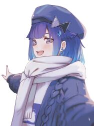 1girl beret blue_hair blue_hat cable_knit cardigan earrings gradient_hair grey_hair hair_flaps hat highres jewelry looking_at_viewer medium_hair multicolored_hair open_cardigan open_clothes open_mouth parted_bangs pointing scarf simple_background solo sweater teeth tsubu_(kappunioyu562) tsumugi_kokage upper_body upper_teeth_only virtual_youtuber vspo! water_drop_hair_ornament white_background white_scarf