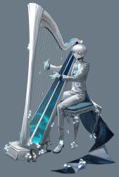 1boy absurdres alternate_costume ascot black_undershirt blue_ascot blue_coat blue_eyes closed_mouth coat colored_extremities crystallization elsword flower formal_clothes full_body grey_background hair_between_eyes harp highres instrument korean_commentary loafers long_sleeves male_focus multicolored_eyes music noah_ebalon nyx_pieta_(elsword) pants playing_instrument purple_eyes shirt shoes short_hair simple_background sitting solo starry_sky_print stool suit turtleneck turtleneck_shirt two-sided_coat two-sided_fabric two-tone_eyes white_coat white_flower white_hair white_pants white_shirt white_shoes white_suit yrdd