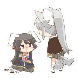 2girls afterimage age_regression aged_down animal_ears black_hair black_jacket black_shoes blazer bow braid chibi grey_hair grey_skirt hair_bow hair_ornament hairclip higuchi_kaede higuchi_kaede_(1st_costume) jacket kemonomimi_mode long_hair lowres multiple_girls nijisanji pink_bow pleated_skirt ponytail rabbit_ears rebecca_(keinelove) school_uniform shoes simple_background sitting skirt socks standing tail tail_wagging thighhighs tsukino_mito tsukino_mito_(1st_costume) unworn_shoes very_long_hair virtual_youtuber white_background white_bow white_socks white_thighhighs wolf_ears wolf_girl wolf_tail