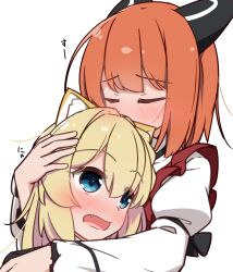 2girls aizawa_azusa animal_ear_fluff animal_ears apron blonde_hair blue_eyes blush cat_ears closed_eyes dragon_girl dress eyebrows_hidden_by_hair fang full-face_blush hair_between_eyes hand_on_another&#039;s_head head_on_chest highres hug laika_(slime_taoshite_300_nen) long_hair miruzawa_akechi multiple_girls open_mouth orange_hair red_apron short_hair simple_background slime_taoshite_300_nen_shiranai_uchi_ni_level_max_ni_nattemashita upper_body white_background white_dress yuri