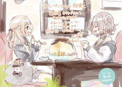 2girls :d ^_^ animal black_jacket black_shirt black_skirt blush braid brown_eyes brown_hair brown_hat cat character_request closed_eyes commentary_request couch cup deerstalker food from_side grey_shirt harapeko_shoujo_to_tantei_to haruno_rikka hat highres holding holding_cup holding_spoon indoors jacket long_sleeves multiple_girls off_shoulder on_couch open_clothes open_jacket open_mouth plaid_hat pleated_skirt profile pudding puffy_long_sleeves puffy_sleeves rino_cnc shirt sitting skirt sleeveless sleeveless_shirt sleeves_past_wrists smile spoon sweater_vest table translation_request turtleneck turtleneck_shirt twintails window
